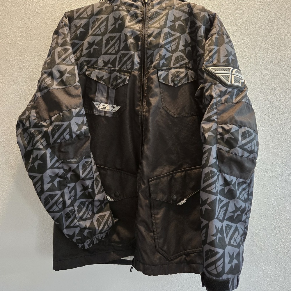 Fly Racing Jacket Mens Large Black Gray Hooded Insulated Coat Snow Moto Outdoor